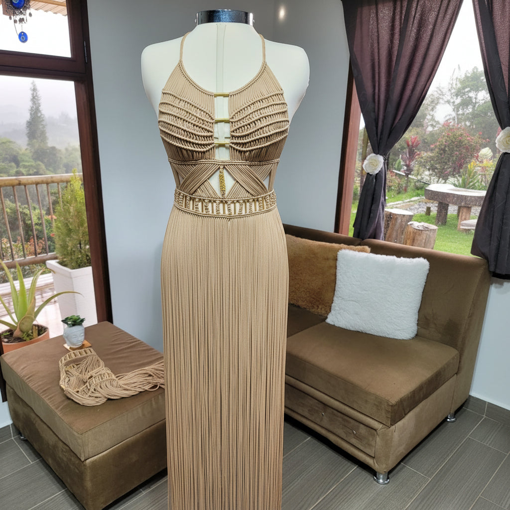 Artemis Beach Party Dress beiges Trägerkleid auf Schneiderpuppe, Rücken mit Bändern