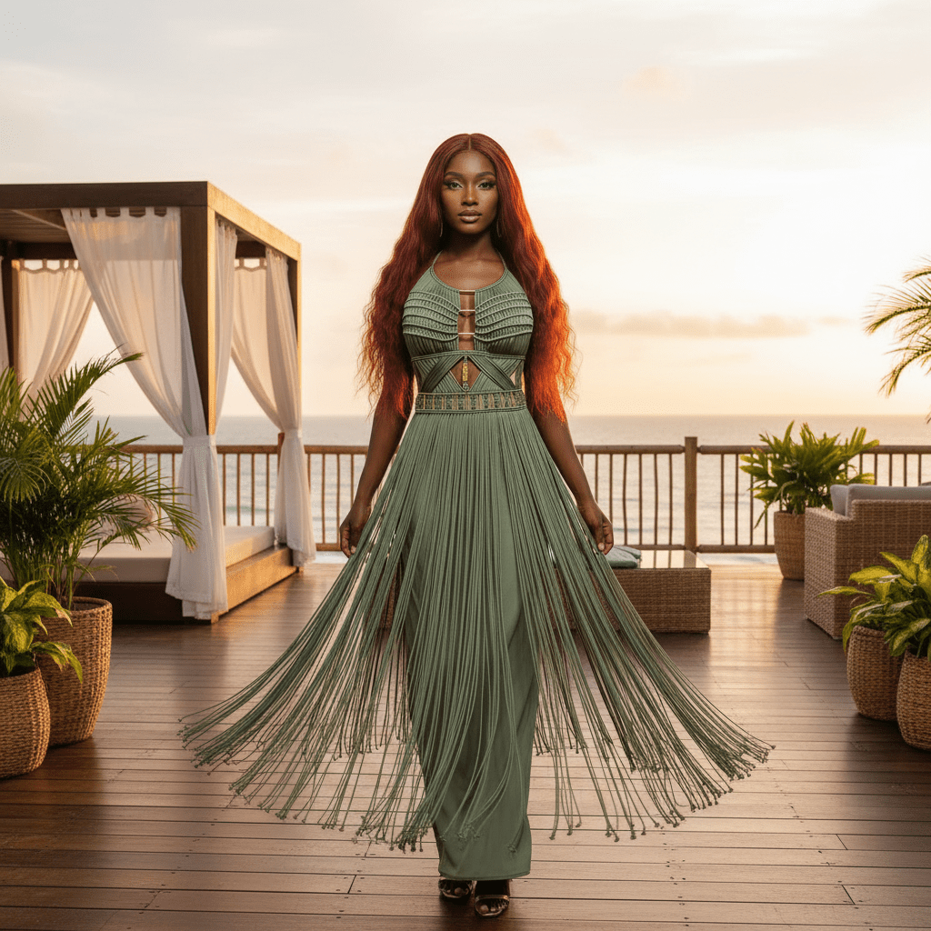 Artemis Beach Party Dress on model, green long gown with flowing fringe skirt and cutout