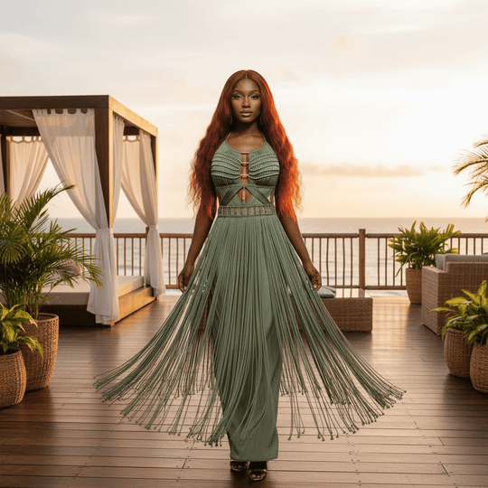 Artemis Beach Party Dress on model, green long gown with flowing fringe skirt and cutout