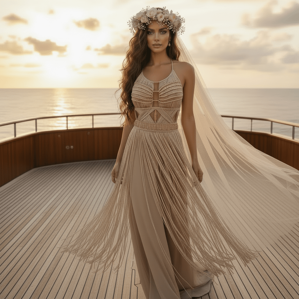 Artemis Beach Party Dress beiges Maxikleid mit feinen Fransen am Rock und Makramee-Gürtel