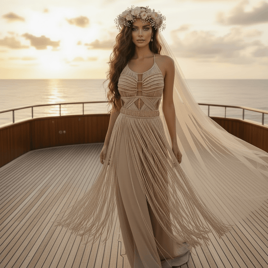 Artemis Beach Party Dress beiges Maxikleid mit feinen Fransen am Rock und Makramee-Gürtel