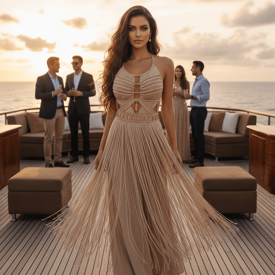 Artemis Beach Party Dress beiges Kleid mit Trägern, gestuftem Rock und langen Fransen