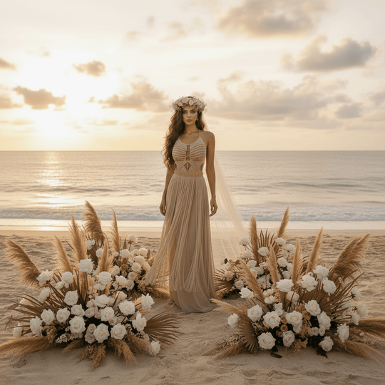 Artemis Beach Party Dress in beige, sleeveless long maxi with lattice bodice