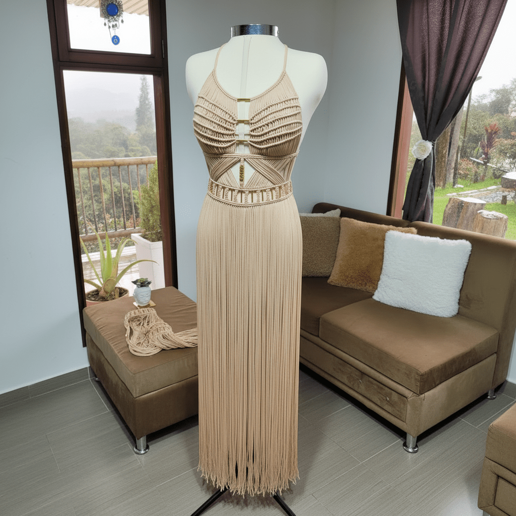 Artemis Beach Party Dress beiges Maxikleid, tiefes Oberteil mit Zierbändern und Fransen