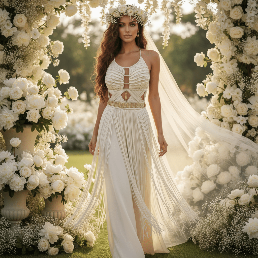 Artemis Beach Party Dress weißes Maxikleid mit Makramee-Bodice und tiefem Front-Cutout