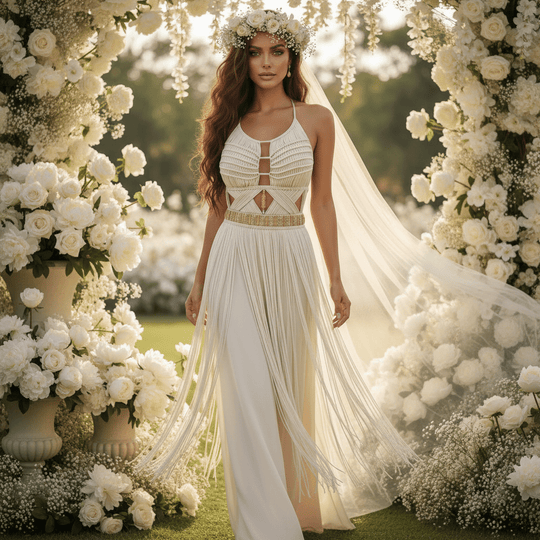 Artemis Beach Party Dress weißes Maxikleid mit Makramee-Bodice und tiefem Front-Cutout