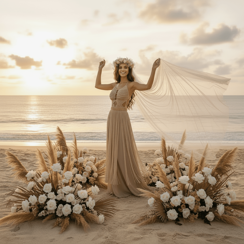 Artemis Beach Party Dress beiges Kleid mit Schleier-Ärmelsaum-Optik, Rock mit Fransen