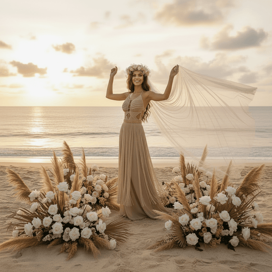 Artemis Beach Party Dress beiges Kleid mit Schleier-Ärmelsaum-Optik, Rock mit Fransen