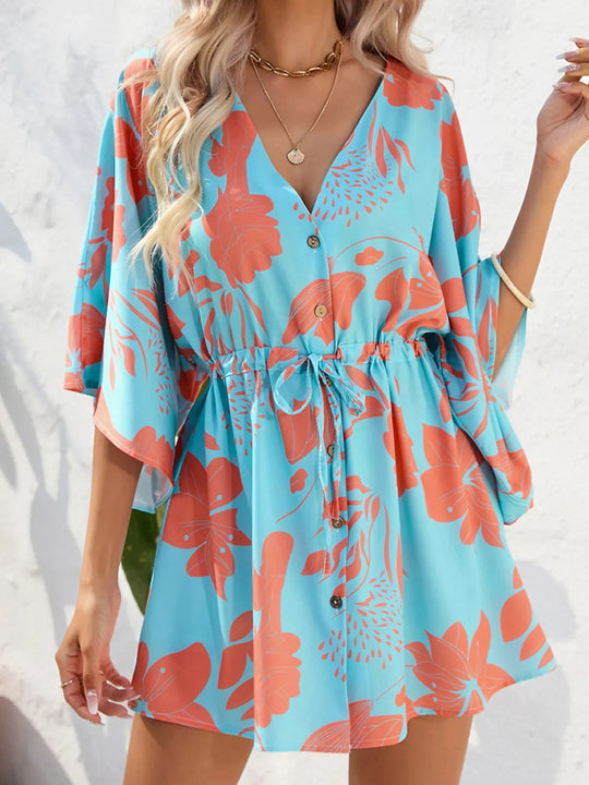 Sky-blue coral floral button-up dress with tie waist and elbow-length kimono sleeves