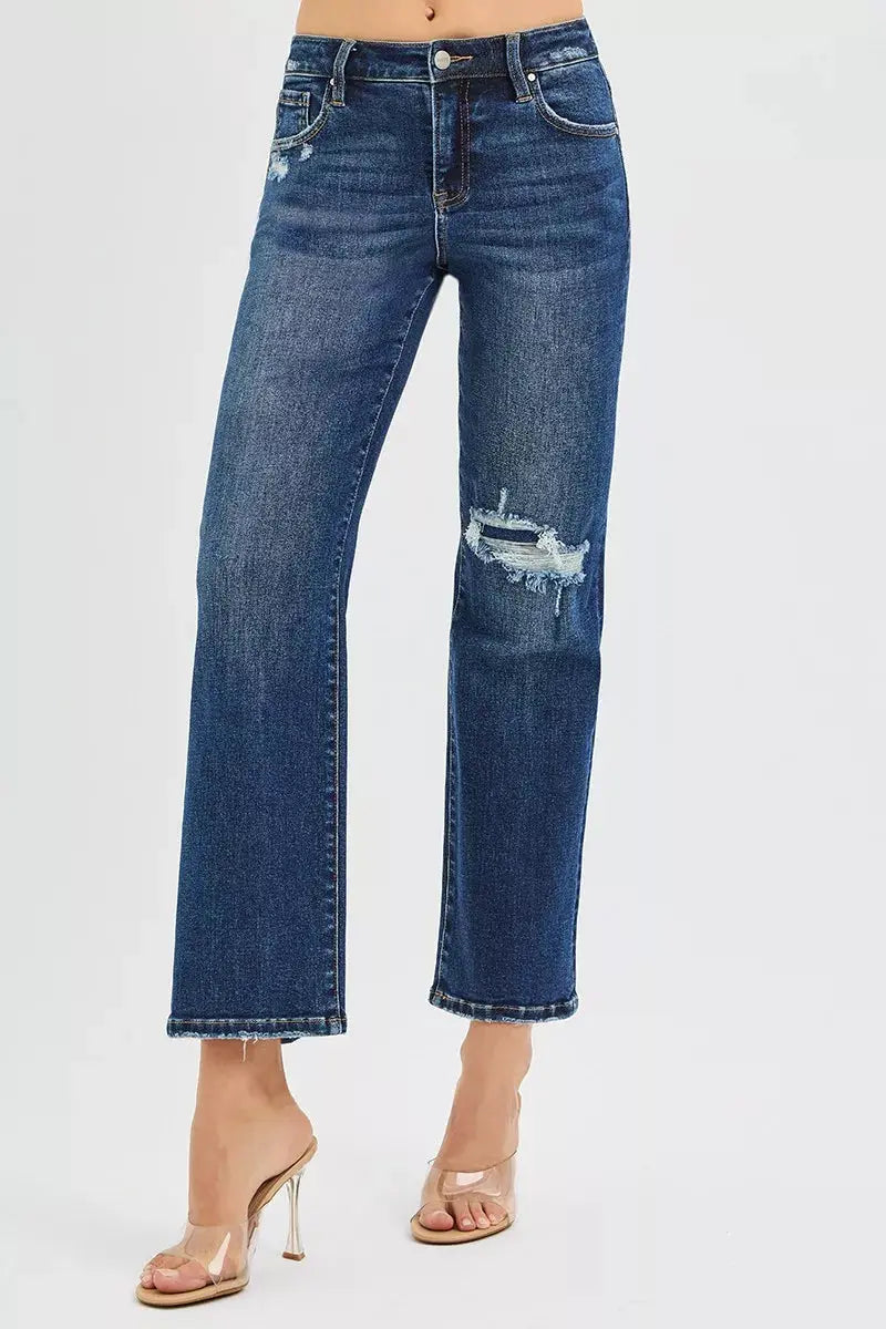 High-rise crop slim straight jeans, dark blue wash with knee distress panel
