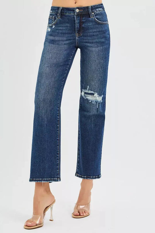 High-rise crop slim straight jeans, dark blue wash with knee distress panel