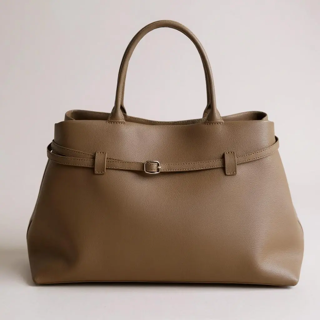 Belt tote bag in dark taupe/brown leather with front buckle strap and top handles