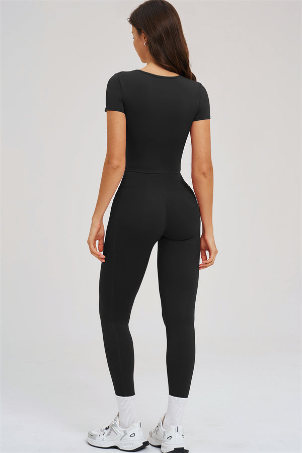 Black 2-piece set: back view of fitted crop tee and high-rise leggings