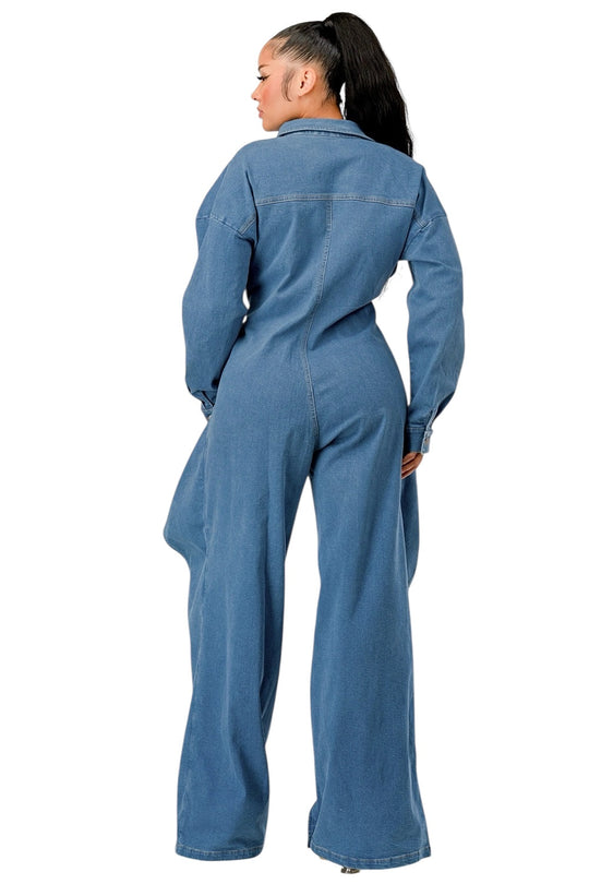 Denim wide-leg jumpsuit back view with center seam, long sleeves, and waistband