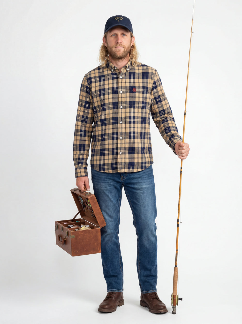 Chemise flanelle à carreaux bleu marine/beige, boutonnage central, coupe droite