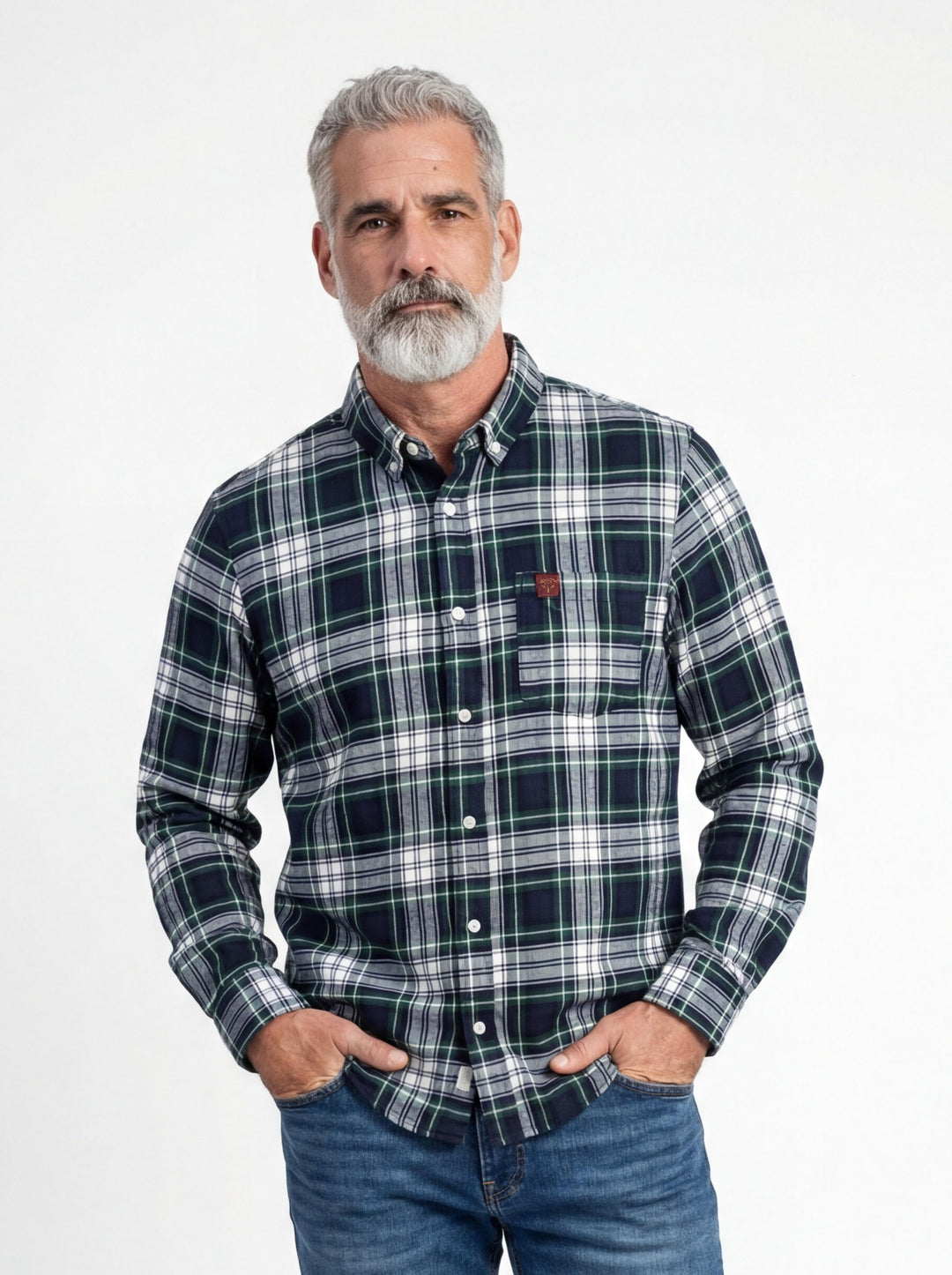 Plaid flannel button-up shirt with chest pocket and small logo patch