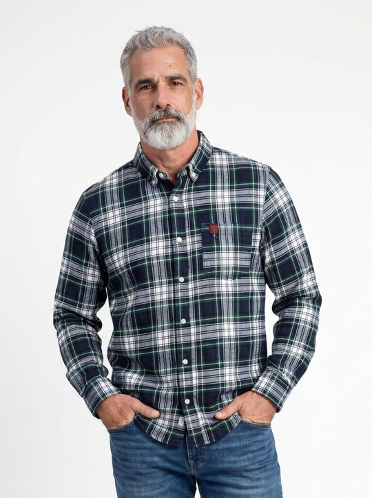 Plaid flannel button-up shirt with chest pocket and small logo patch