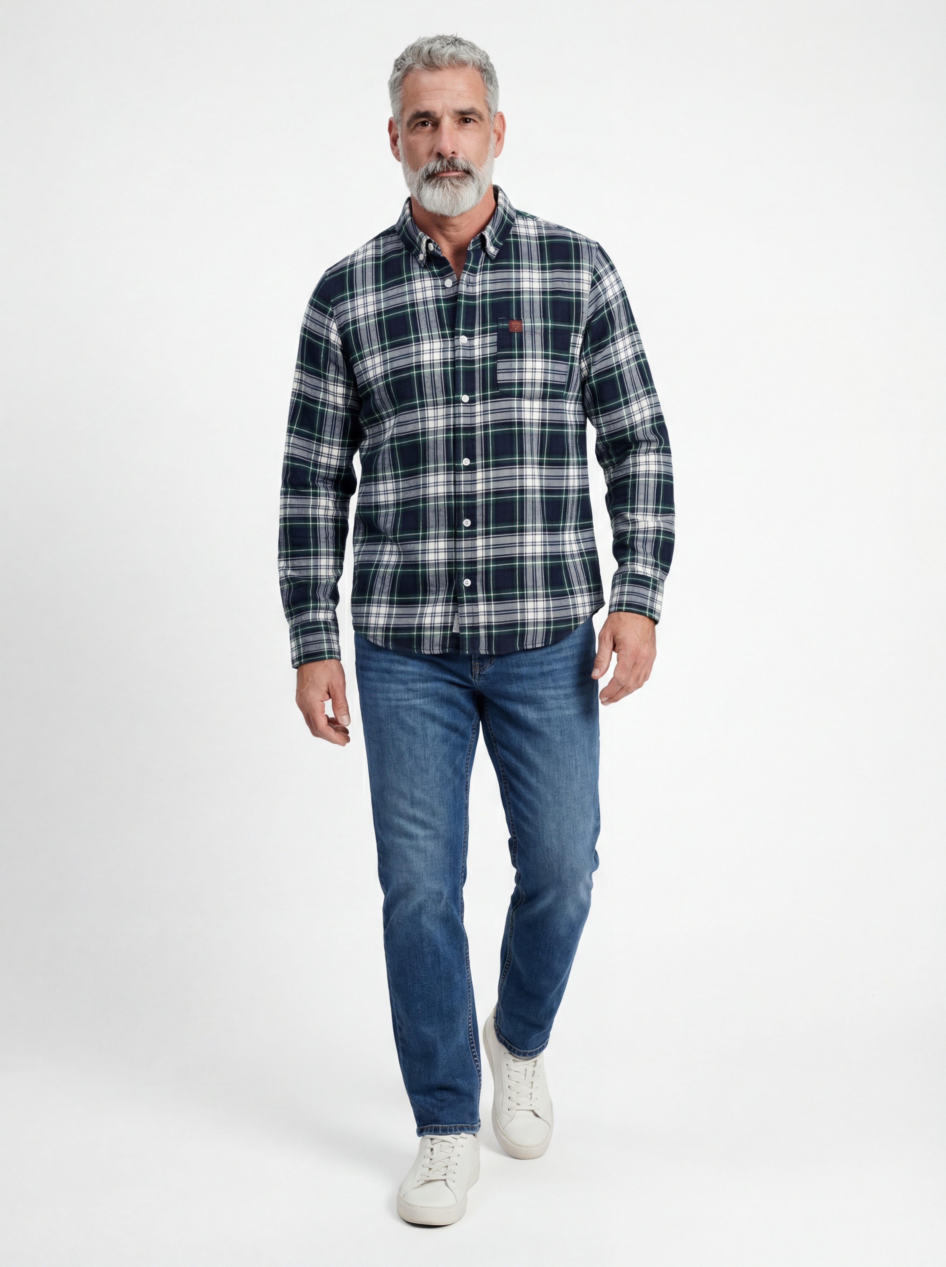 Moose flannel shirt in dark green and navy plaid, button-front long sleeve