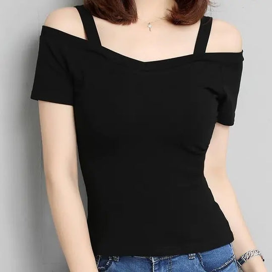 Black slim off-shoulder short-sleeve T-shirt
