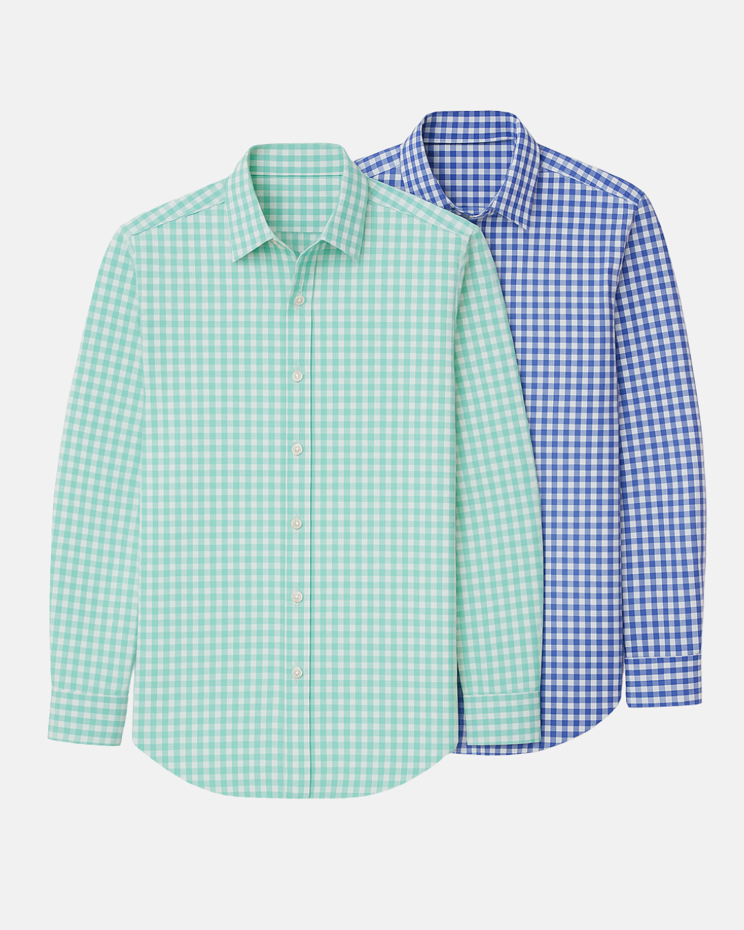 Emerald and blue gingham button-up dress shirts, two-pack, long sleeves