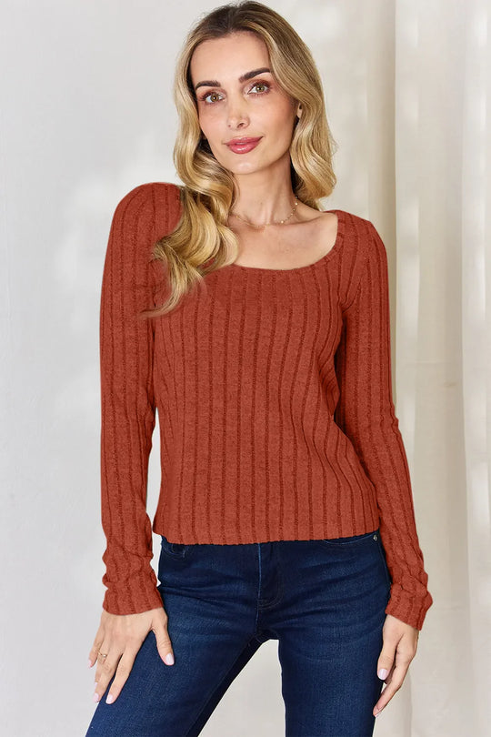 Rust ribbed long-sleeve T-shirt with square round neckline, textured knit stripes