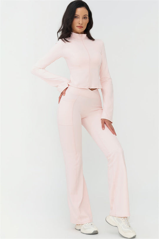 Rosa Sport-Set mit Stehkragen: Zip-Jacke und weit ausgestellte Schlagleggings