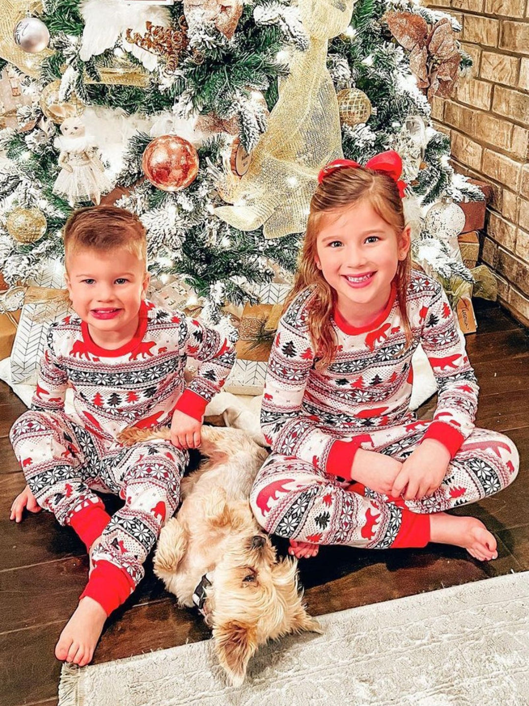 Christmas long-sleeve top and pants set, red/white/black festive print pajamas
