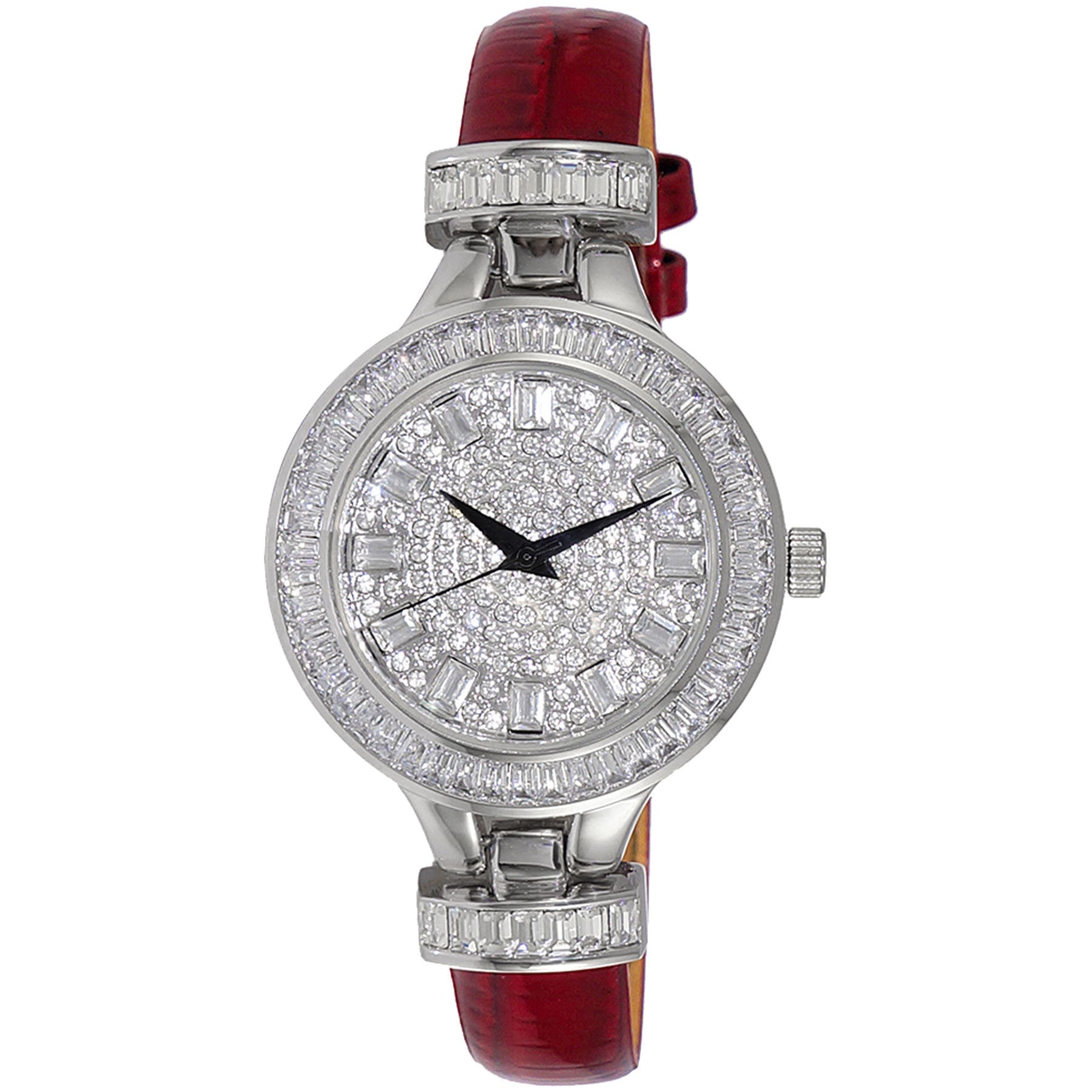 Adee Kaye Gems Armbanduhr: rotes Lederband, silbernes rundes Zifferblatt mit Steinen