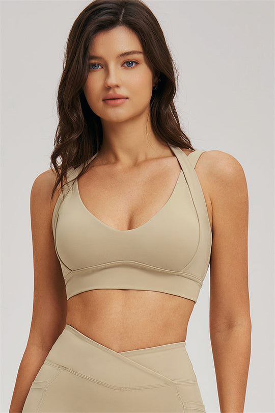 Almond sports bra with racerback straps, part of activewear set