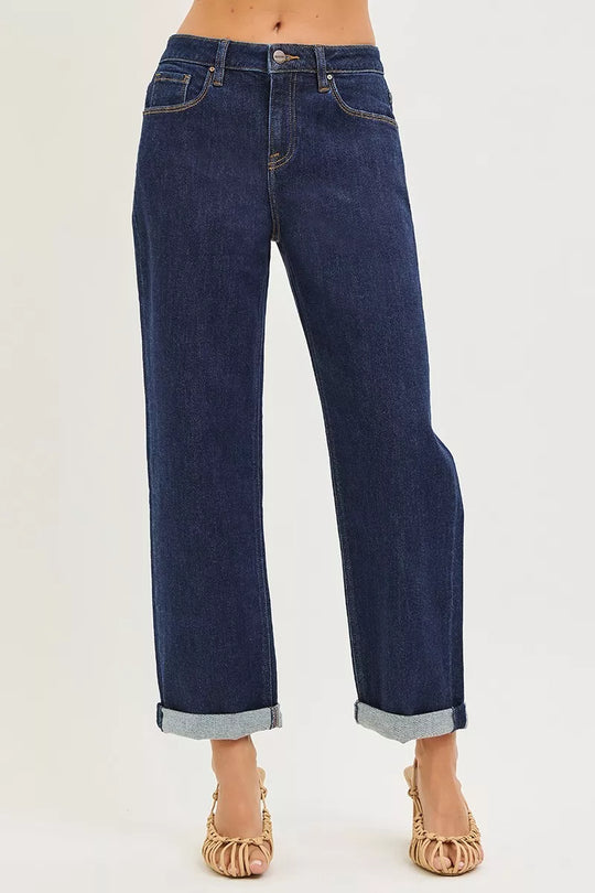Dark blue slouchy cropped boyfriend jeans with cuffed hem and front pockets