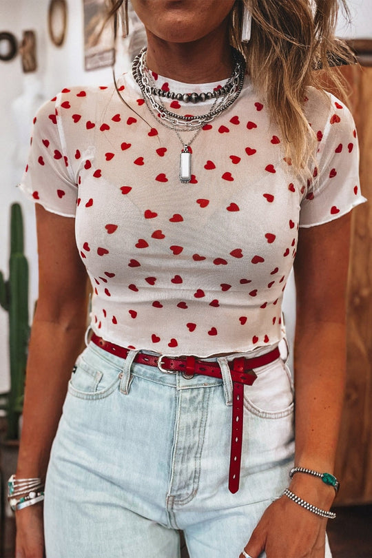 Sheer Heart Print Fitted Top