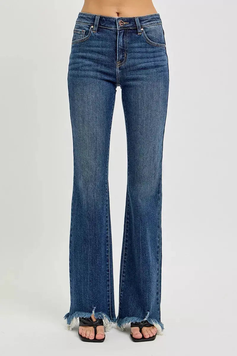 RISEN mid-rise flare jeans, dark denim wash, distressed frayed hem
