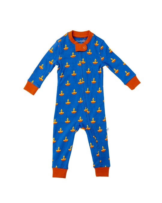 Blue footed baby sleeper with orange collar and cuffs, yellow diya pattern