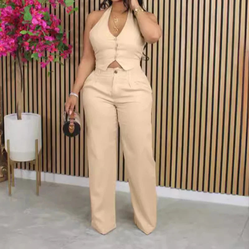 Two-piece dashiki tracksuit set: button-front vest and wide-leg pants, khaki