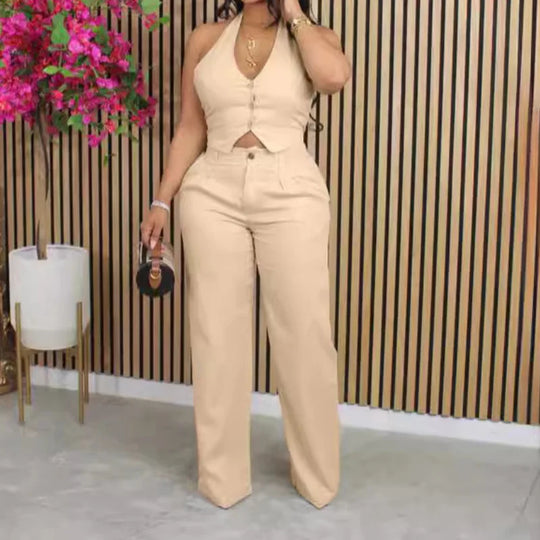 Two-piece dashiki tracksuit set: button-front vest and wide-leg pants, khaki