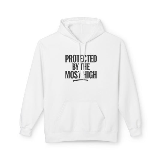 White hoodie with “PROTECTED BY THE MOST HIGH” front print
