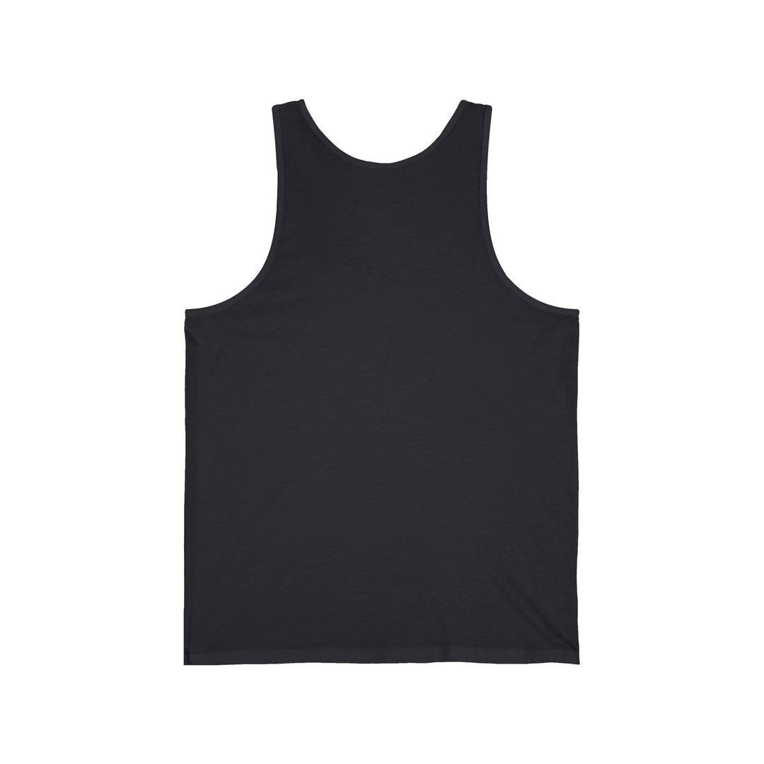 Dark grey tank top, plain front with scoop neckline and wide shoulder straps