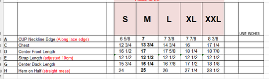 Size chart for babydoll: chest, center length, strap and back lengths (in inches)
