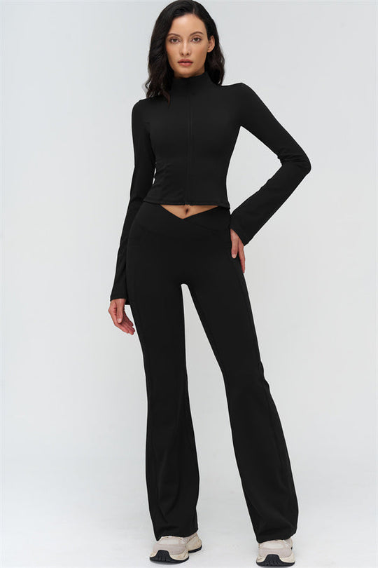 Black cropped zip jacket and flared leggings, athletic 2-piece set (front view)