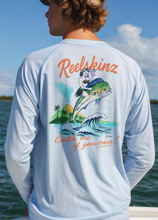 Light blue long-sleeve shirt with back graphic of a fish and “Catch me if you can”