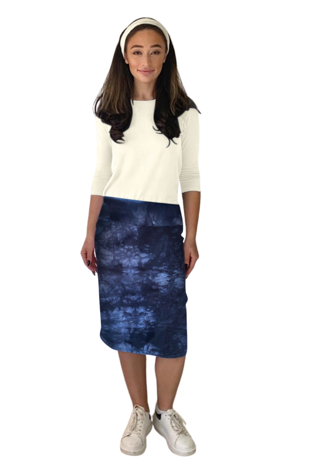 Knee-length pencil skirt with stretch, blue batik-style print cotton-spandex