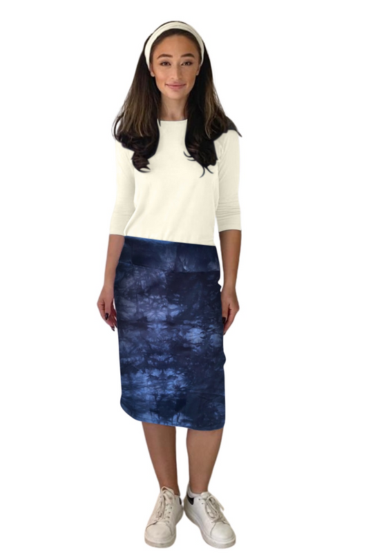 Knee-length pencil skirt with stretch, blue batik-style print cotton-spandex