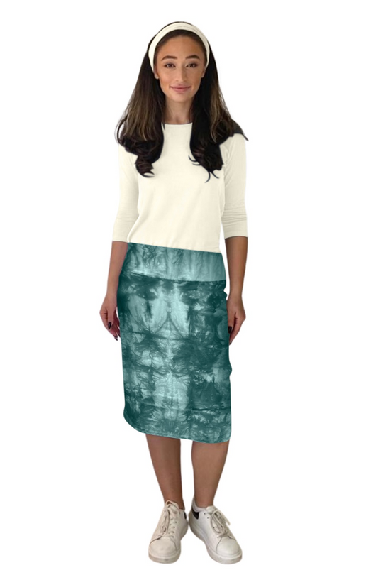 Knee-length pencil skirt with stretch, teal batik-style print cotton-spandex
