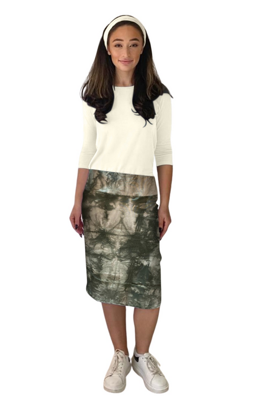 Knee-length pencil skirt with stretch, olive batik-style print cotton-spandex