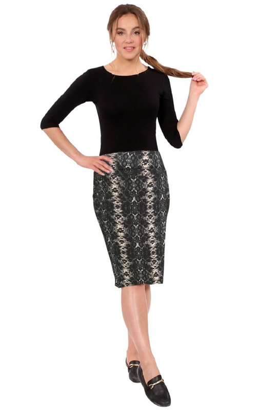 Knee-length pencil skirt in black snake print cotton spandex with fitted stretch waist