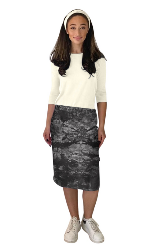 Knee-length pencil skirt in black batik cotton spandex with stretch waist and straight hem