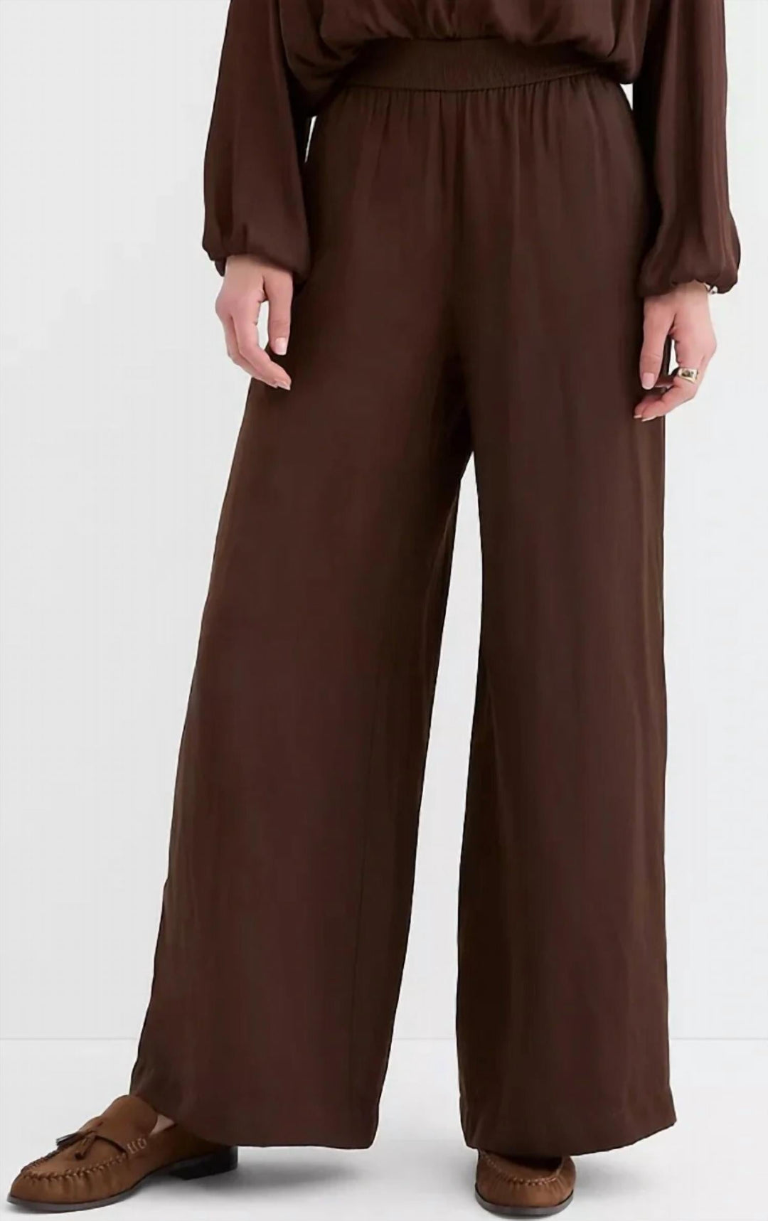 Women's satin wide-leg pull-on pants in brown, elastic waist