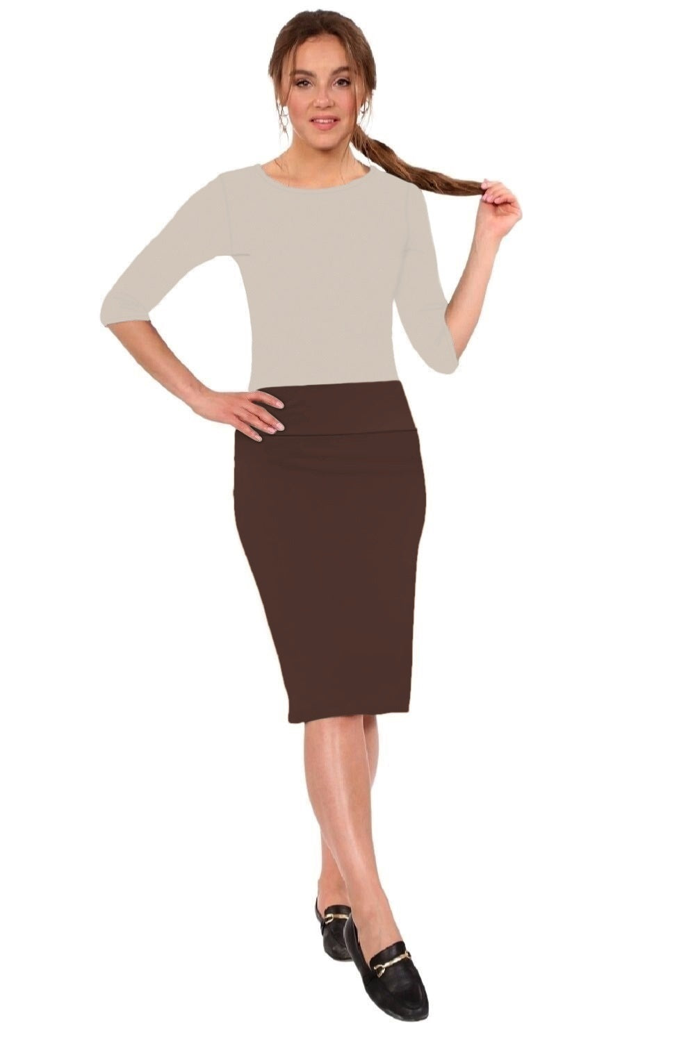 Knee-length pencil skirt in dark brown cotton spandex with fitted stretch waist and straight hem