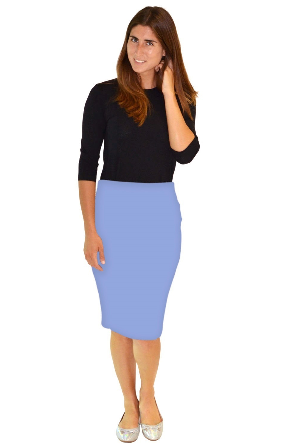 Knee-length pencil skirt in light periwinkle cotton spandex with stretch waist and fitted hem
