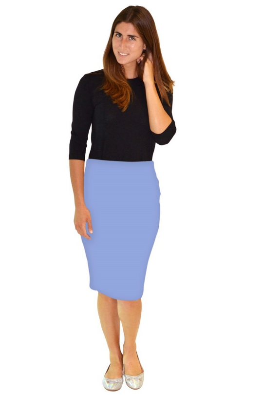 Knee-length pencil skirt in light periwinkle cotton spandex with stretch waist and fitted hem